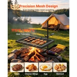 heavy duty swivel campfire grill, double layer portable camping grill grate & griddle, sturdy steel bbq mesh, 360° height adjustable over fire pit, for outdoor open flame cooking, black