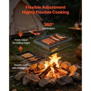 heavy duty swivel campfire grill, double layer portable camping grill grate & griddle, sturdy steel bbq mesh, 360° height adjustable over fire pit, for outdoor open flame cooking, black