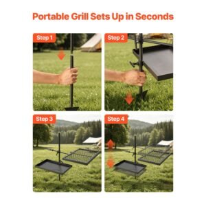 heavy duty swivel campfire grill, double layer portable camping grill grate & griddle, sturdy steel bbq mesh, 360° height adjustable over fire pit, for outdoor open flame cooking, black
