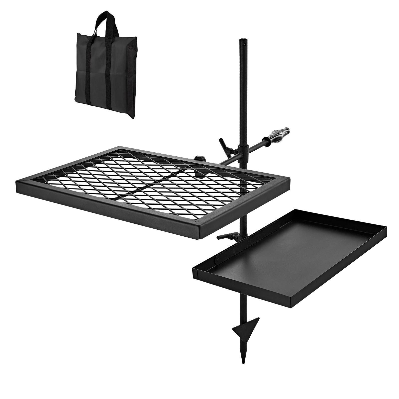 heavy duty swivel campfire grill, double layer portable camping grill grate & griddle, sturdy steel bbq mesh, 360° height adjustable over fire pit, for outdoor open flame cooking, black
