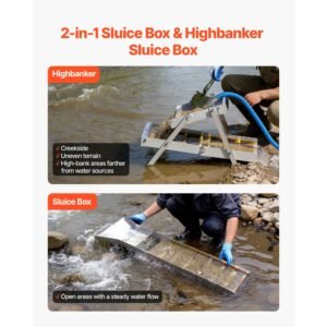 high banker gold sluice, 50" 2 in 1 folding highbanker sluice box, aluminum alloy, portable mining equipment with drawstring backpack and gloves, for gold prospecting in creek, high bank, river