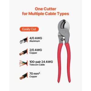 high leverage cable cutter, 9 1/4 in compact, forged blades and pvc coated handles, heavy duty cable cutting pliers tool for 4/0 awg aluminum, 2/0 awg soft copper and 100 pair 24awg comm cables