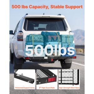 hitch cargo carrier with bike racks, 62" x 20" x 3" hitch mount cargo carrier for 2 mountain bikes, 500lbs capacity high strength steel rear luggage basket fits 2" receiver for suvs pickups