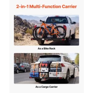 hitch cargo carrier with bike racks, 62" x 20" x 3" hitch mount cargo carrier for 2 mountain bikes, 500lbs capacity high strength steel rear luggage basket fits 2" receiver for suvs pickups