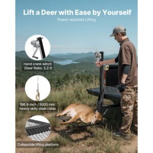 hitch deer hoist with lifting system platform, 300 lbs load capacity, game hoist winch lift with 2 inch receiver, 360 degree swivel shaft & foldable, hitch mounted deer hanger for moving game