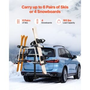 hitch mounted ski & snowboard rack, fits 2 inch receiver, carries up to 6 pairs of skis or 4 snowboards, hitch mounted rack for car with key lock, security strap, tilt access, rubber padding