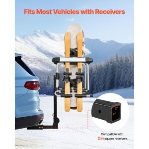 hitch mounted ski & snowboard rack, fits 2 inch receiver, carries up to 6 pairs of skis or 4 snowboards, hitch mounted rack for car with key lock, security strap, tilt access, rubber padding