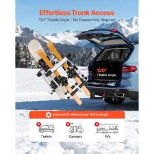 hitch mounted ski & snowboard rack, fits 2 inch receiver, carries up to 6 pairs of skis or 4 snowboards, hitch mounted rack for car with key lock, security strap, tilt access, rubber padding
