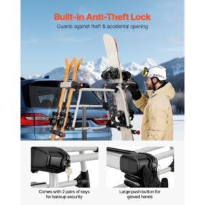 hitch mounted ski & snowboard rack, fits 2 inch receiver, carries up to 6 pairs of skis or 4 snowboards, hitch mounted rack for car with key lock, security strap, tilt access, rubber padding