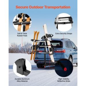 hitch mounted ski & snowboard rack, fits 2 inch receiver, carries up to 6 pairs of skis or 4 snowboards, hitch mounted rack for car with key lock, security strap, tilt access, rubber padding