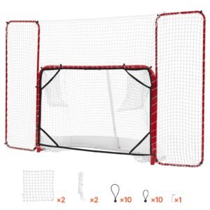 Hockey Goal with Backstop and Targets, 10x6FT Street Steel Hockey Goal Set, Pro Lightweight and Portable Training Equipment, Durable Net for Indoor & Outdoor Use, Easy Assembly, White/Red
