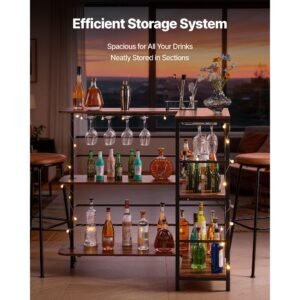 home bar unit, l shaped wine bar cabinet table 3 tier with storage shelves, adjustable foot pads, led light, walnut finish & metal frame liquor cabinet for home, kitchen,living room,pub,basement