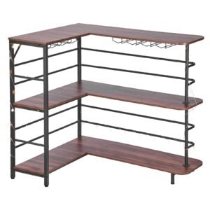 Home Bar Unit, L-Shaped Wine Bar Cabinet Table 3-Tier with Storage Shelves, Adjustable Foot Pads, LED Light, Walnut Finish & Metal Frame Liquor Cabinet for Home, Kitchen,Living Room,Pub,Basement