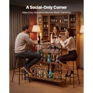 home bar unit, l shaped wine bar cabinet table 3 tier with storage shelves, adjustable foot pads, led light, walnut finish & metal frame liquor cabinet for home, kitchen,living room,pub,basement