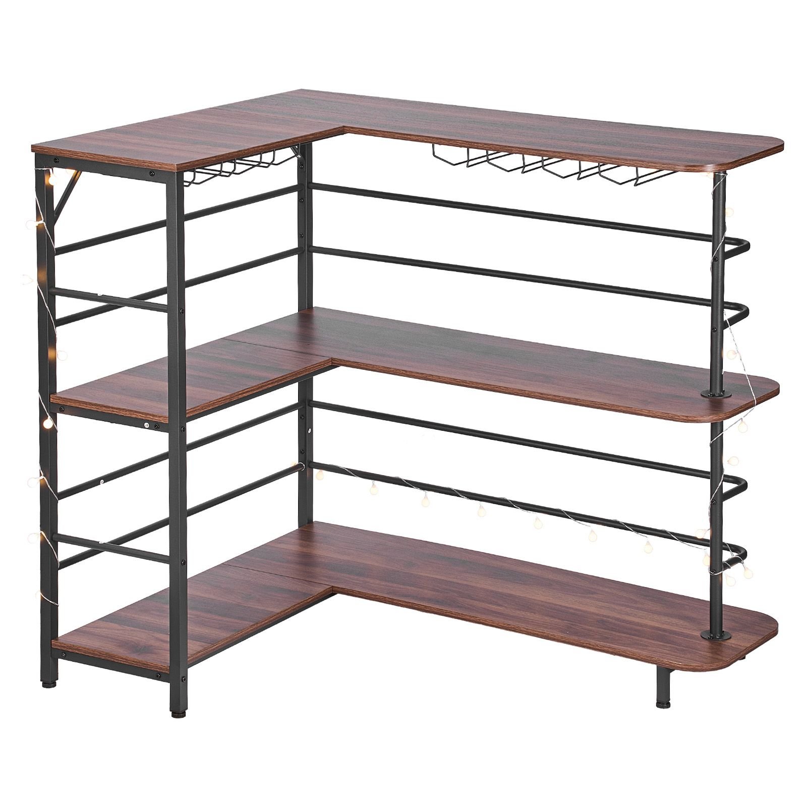 home bar unit, l shaped wine bar cabinet table 3 tier with storage shelves, adjustable foot pads, led light, walnut finish & metal frame liquor cabinet for home, kitchen,living room,pub,basement