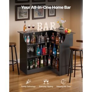 home bar unit, l shaped wine bar cabinet table 4 tier with storage shelves, wine glass holder, 300 lbs max capacity, wood liquor cabinet for home, kitchen, living room, pub, basement, black