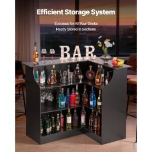 home bar unit, l shaped wine bar cabinet table 4 tier with storage shelves, wine glass holder, 300 lbs max capacity, wood liquor cabinet for home, kitchen, living room, pub, basement, black