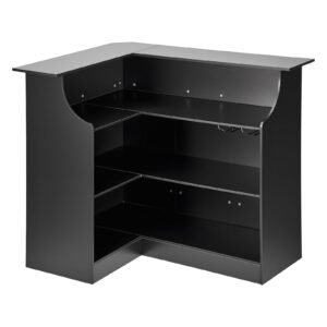 Home Bar Unit, L-Shaped Wine Bar Cabinet Table 4-Tier with Storage Shelves, Wine Glass Holder, 300 lbs Max Capacity, Wood Liquor Cabinet for Home, Kitchen, Living Room, Pub, Basement, Black