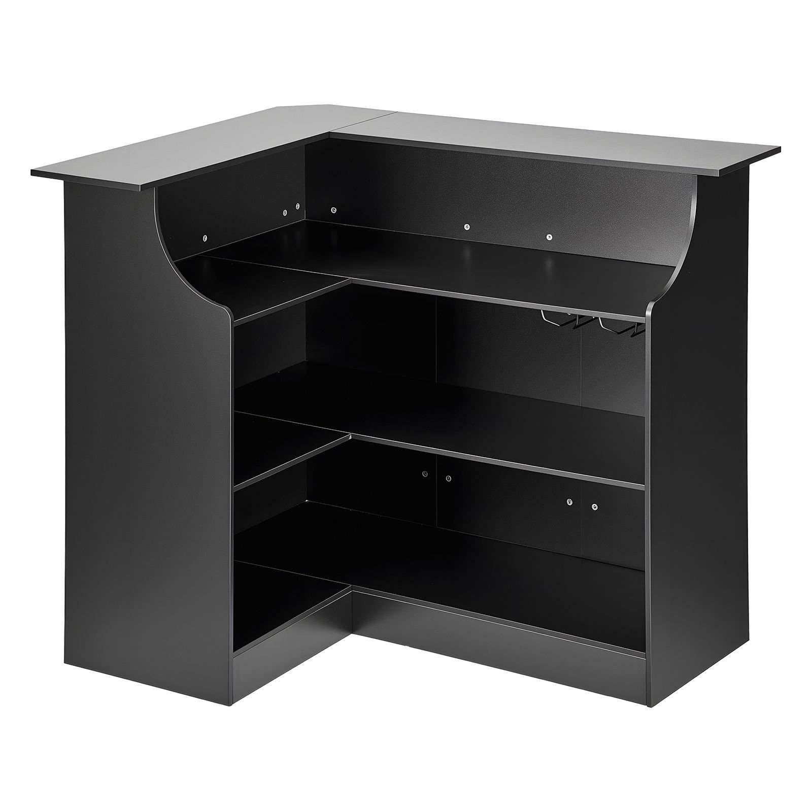 home bar unit, l shaped wine bar cabinet table 4 tier with storage shelves, wine glass holder, 300 lbs max capacity, wood liquor cabinet for home, kitchen, living room, pub, basement, black