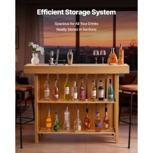 home bar unit, wine bar cabinet table 3 tier with storage shelves, opener storage box & adjustable foot pads, black footrest, wood & metal liquor cabinet for home, basement, kitchen, living room