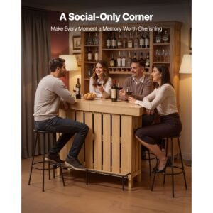 home bar unit, wine bar cabinet table 3 tier with storage shelves, opener storage box & adjustable foot pads, black footrest, wood & metal liquor cabinet for home, basement, kitchen, living room