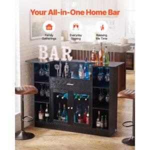 home bar unit, wine bar cabinet table 4 tier with storage drawer shelves, wine glass holder, bottle rack, led light, wood & metal liquor cabinet for home, basement, kitchen, living room, black