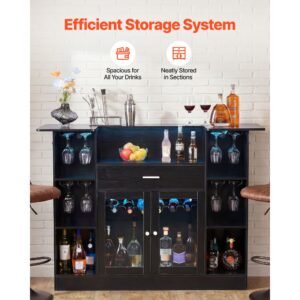 home bar unit, wine bar cabinet table 4 tier with storage drawer shelves, wine glass holder, bottle rack, led light, wood & metal liquor cabinet for home, basement, kitchen, living room, black