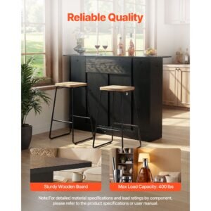 home bar unit, wine bar cabinet table 4 tier with storage drawer shelves, wine glass holder, bottle rack, led light, wood & metal liquor cabinet for home, basement, kitchen, living room, black