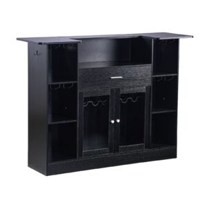 Home Bar Unit, Wine Bar Cabinet Table 4-Tier with Storage Drawer Shelves, Wine Glass Holder, Bottle Rack, LED Light, Wood & Metal Liquor Cabinet for Home, Basement, Kitchen, Living Room, Black