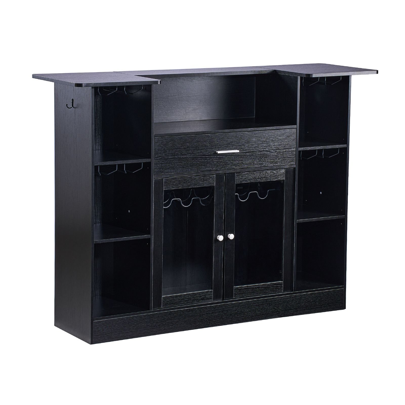home bar unit, wine bar cabinet table 4 tier with storage drawer shelves, wine glass holder, bottle rack, led light, wood & metal liquor cabinet for home, basement, kitchen, living room, black