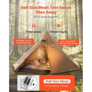 hot tent for 4 persons, camping tipi hot tents with stove jack & inner tent, portable winter camping tents with snow skirt, easy setup, waterproof 4 season shelter tents for fishing backpacking