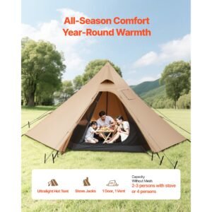 hot tent for 4 persons, camping tipi hot tents with stove jack & inner tent, portable winter camping tents with snow skirt, easy setup, waterproof 4 season shelter tents for fishing backpacking