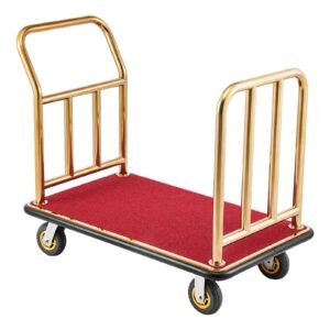 Hotel Luggage Cart, 750 lbs Heavy Duty Bellman Cart with Stainless Steel Frame, 6 in Rubber Wheels, Red Carpeted Deck, Commercial Luggage Carrier Rolling Trolley for Hotels, Resorts, Gold