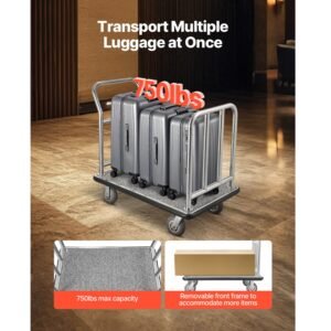 hotel luggage cart, 750 lbs load capacity, deluxe platform truck with removable front frame, valet cart with grey carpeted deck and 6 inch rubber wheels, ideal for hotels, condos, resorts