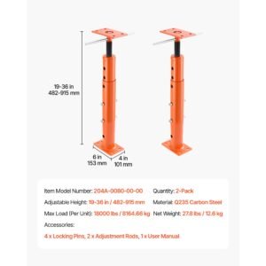 house floor jacks, 2 pack 19 36 inch height range, 18000 lbs max load capacity, adjustable support beam basement jack post pole for leveling, lift steel telescoping post for temporary support