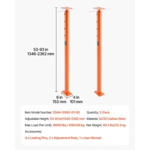 house floor jacks, 2 pack 53 93 inch height range, 18000 lbs max load capacity, adjustable support beam basement jack post pole for leveling, lift steel telescoping post for temporary support