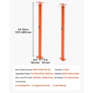 house floor jacks, 2 pack 54 150 inch height range, 11200 lbs max load capacity, adjustable support beam basement jack post pole for leveling, lift steel telescoping post for temporary support