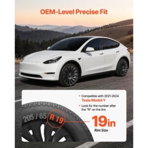 hubcaps wheel covers for 2021 2024 tesla model y, 19 inch set of 4 wheel rim cover hubcaps oem style replacement, r19 size snap on car hub caps, premium 14 spoke abs tire rim caps, matte black