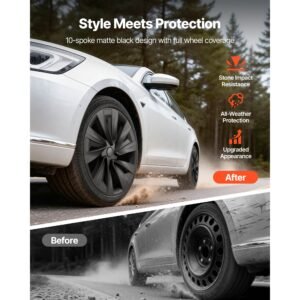 hubcaps wheel covers for 2025 tesla model y, 19 inch set of 4 wheel rim cover hubcaps oem style replacement, r19 size snap on car hub caps, premium sturdy 10 spoke abs tire rim caps, matte black