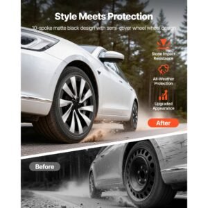 hubcaps wheel covers for 2025 tesla model y, 20 inch set of 4 wheel rim cover hubcaps oem style replacement, r20 size snap on car hub caps, premium sturdy 10 spoke abs tire rim caps, matte black