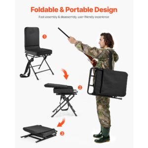 hunting chair, 360° silent swivel, foldable lightweight portable blind chair, heavy duty steel frame ground stool seat, with adjustable shoulder strap, 300 lbs capacity for fishing, camping