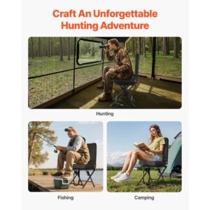 hunting chair, 360° silent swivel, foldable lightweight portable blind chair, heavy duty steel frame ground stool seat, with adjustable shoulder strap, 300 lbs capacity for fishing, camping