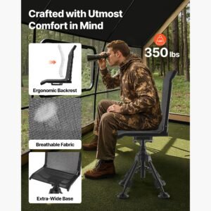 hunting chair, 360° silent swivel, foldable portable blind chair, heavy duty steel frame ground stool seat with anti sink swivel feet, height adjustable, 350 lbs capacity for fishing camping
