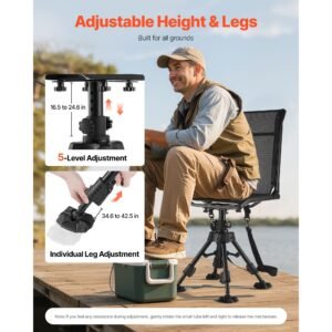 hunting chair, 360° silent swivel, foldable portable blind chair, heavy duty steel frame ground stool seat with anti sink swivel feet, height adjustable, 350 lbs capacity for fishing camping