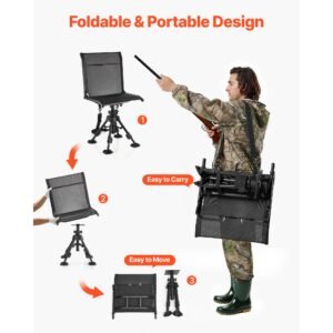 hunting chair, 360° silent swivel, foldable portable blind chair, heavy duty steel frame ground stool seat with anti sink swivel feet, height adjustable, 350 lbs capacity for fishing camping