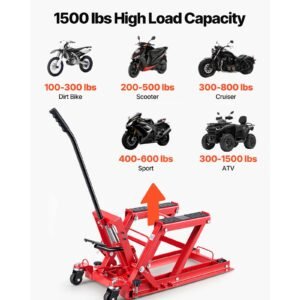 hydraulic motorcycle lift jack, 1500 lbs capacity, atv lift jack portable motorcycle hoist stand with 4 wheels, 4.5" 15.2" height range, hydraulic foot operated hoist stand for atvs, dirt bikes