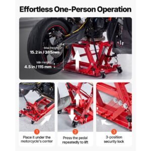 hydraulic motorcycle lift jack, 1500 lbs capacity, atv lift jack portable motorcycle hoist stand with 4 wheels, 4.5" 15.2" height range, hydraulic foot operated hoist stand for atvs, dirt bikes
