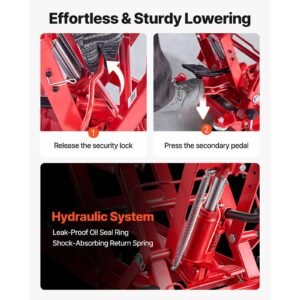 hydraulic motorcycle lift jack, 1500 lbs capacity, atv lift jack portable motorcycle hoist stand with 4 wheels, 4.5" 15.2" height range, hydraulic foot operated hoist stand for atvs, dirt bikes