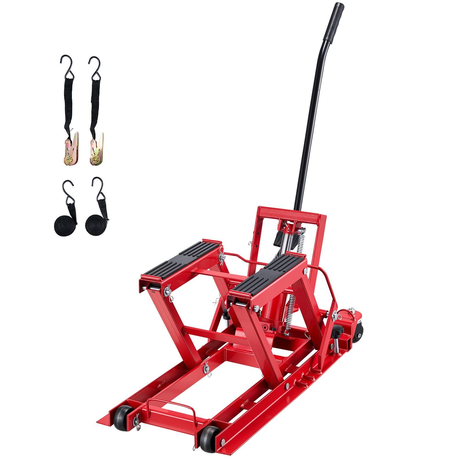 hydraulic motorcycle lift jack, 1500 lbs capacity, atv lift jack portable motorcycle hoist stand with 4 wheels, 4.5" 15.2" height range, hydraulic foot operated hoist stand for atvs, dirt bikes