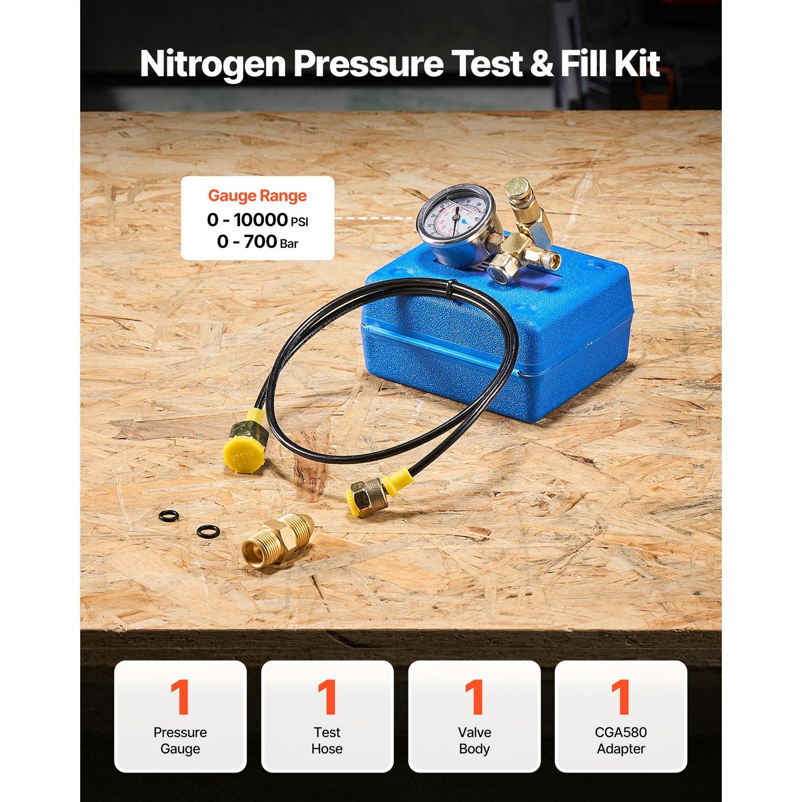 hydraulic nitrogen accumulator charging kit, 0 1420 psi nitrogen fill kit, pressure test system with 1 pressure gauge, 1 gas hose, 1 valve body and 1 cga580 adapter for construction machinery